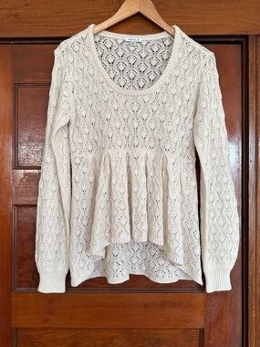 Venus Scoop Neck Lace Open Knit Peplum Sweater Top Large Cream Grandmacore